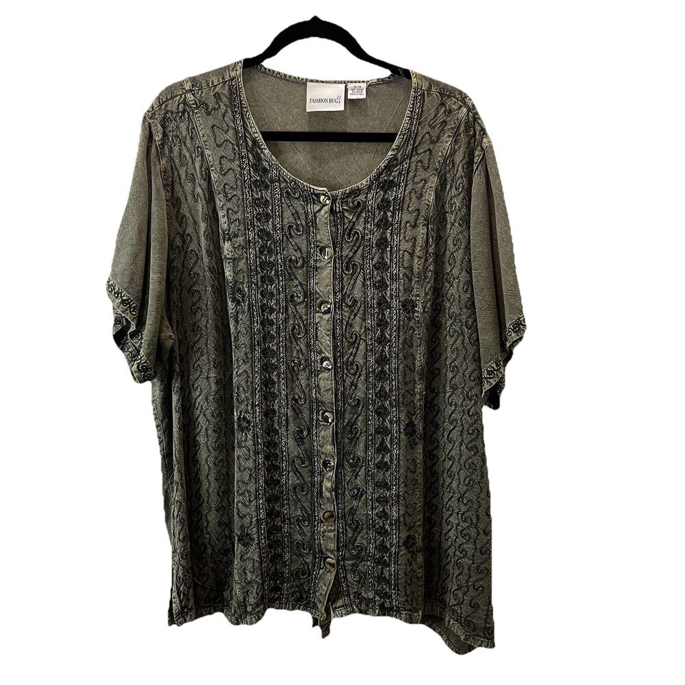 Fashion Bug Green Mineral Wash Embroidered Pleated Button Up Tunic Top 26/28